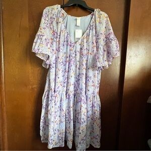 H&M Sz  Large NWT Fun and FlirtyRelaxed Fit Pullover Dress. Purple Floral Print